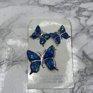 SILVER Deep Blue Iridescent Enamel Inlay Butterfly Pendant Earrings Set